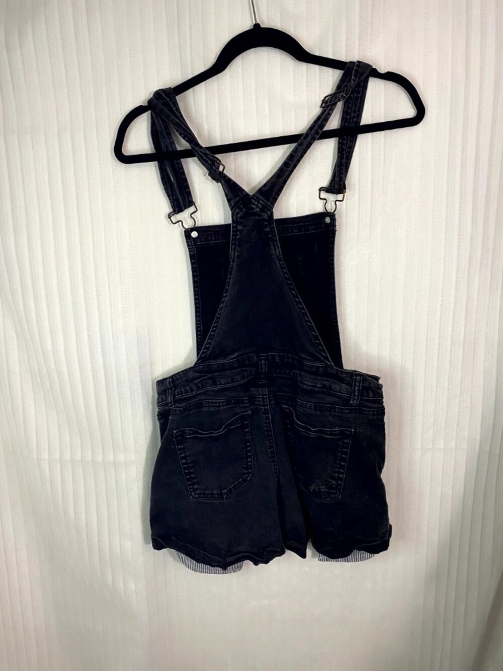 Wax Jean Black Denim Short Overalls Women’s Size L Distressed Bib Shorts Adjusta - Picture 5 of 7